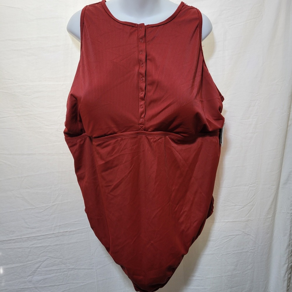 Torrid Plus Size 4 Wireless High Neck Henley One Piece Swimsuit Paprika Red NWT